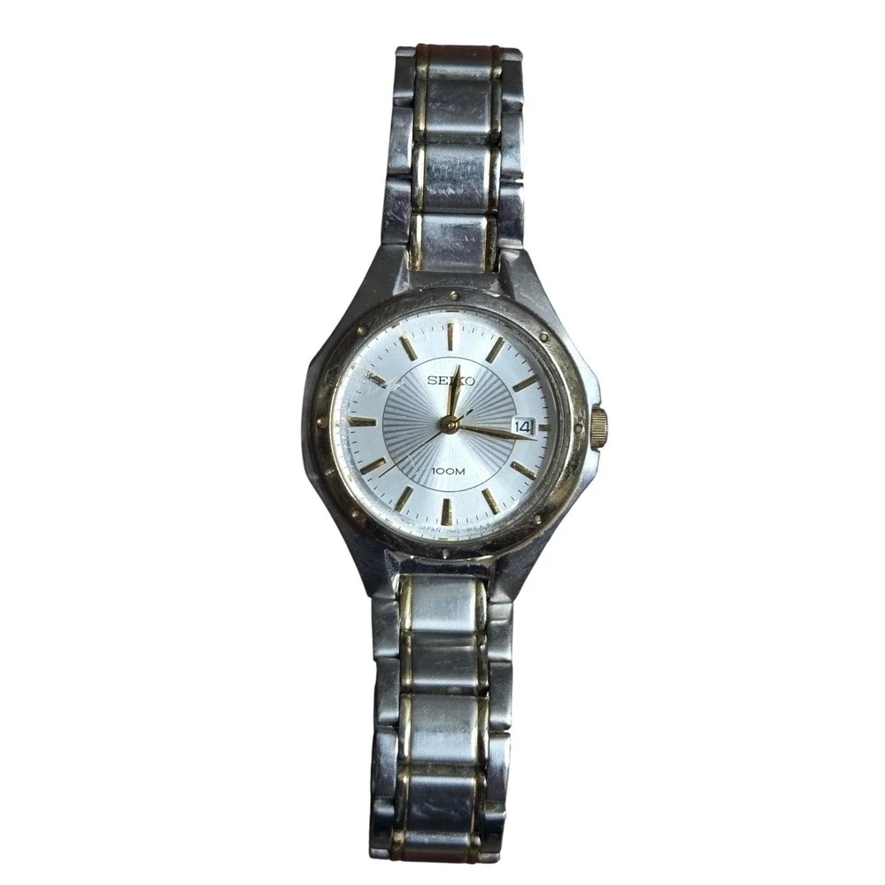 Seiko Two Tone Stainless Steel 100M Water Resistant Watch 7N82-0GS0 Tested